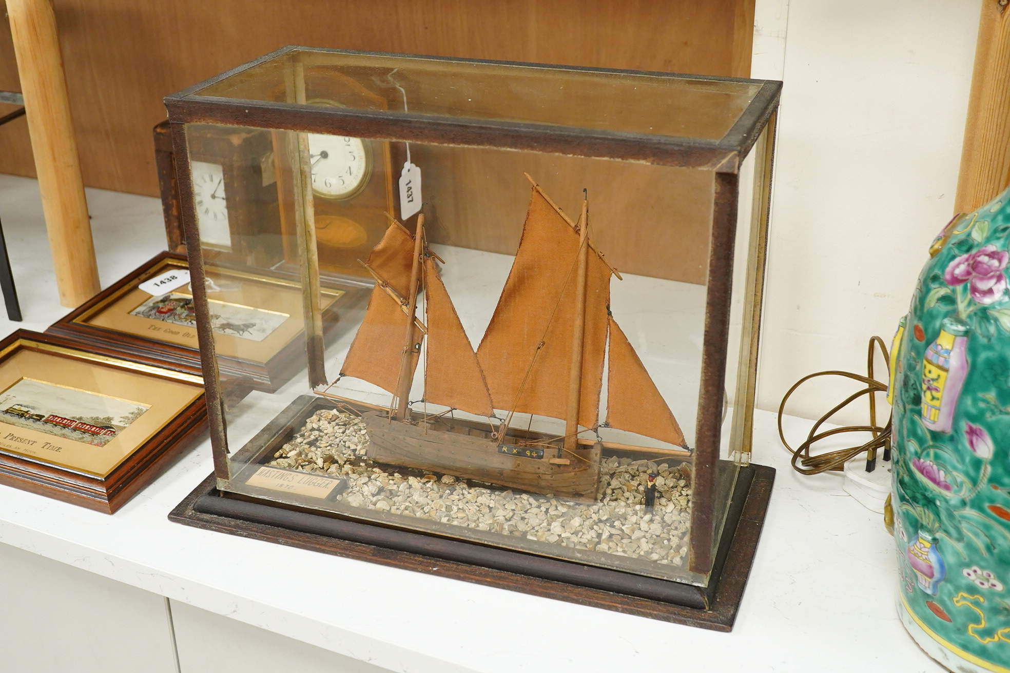 A cased scratch built model of a Hastings lugger of 1870, 40cm wide